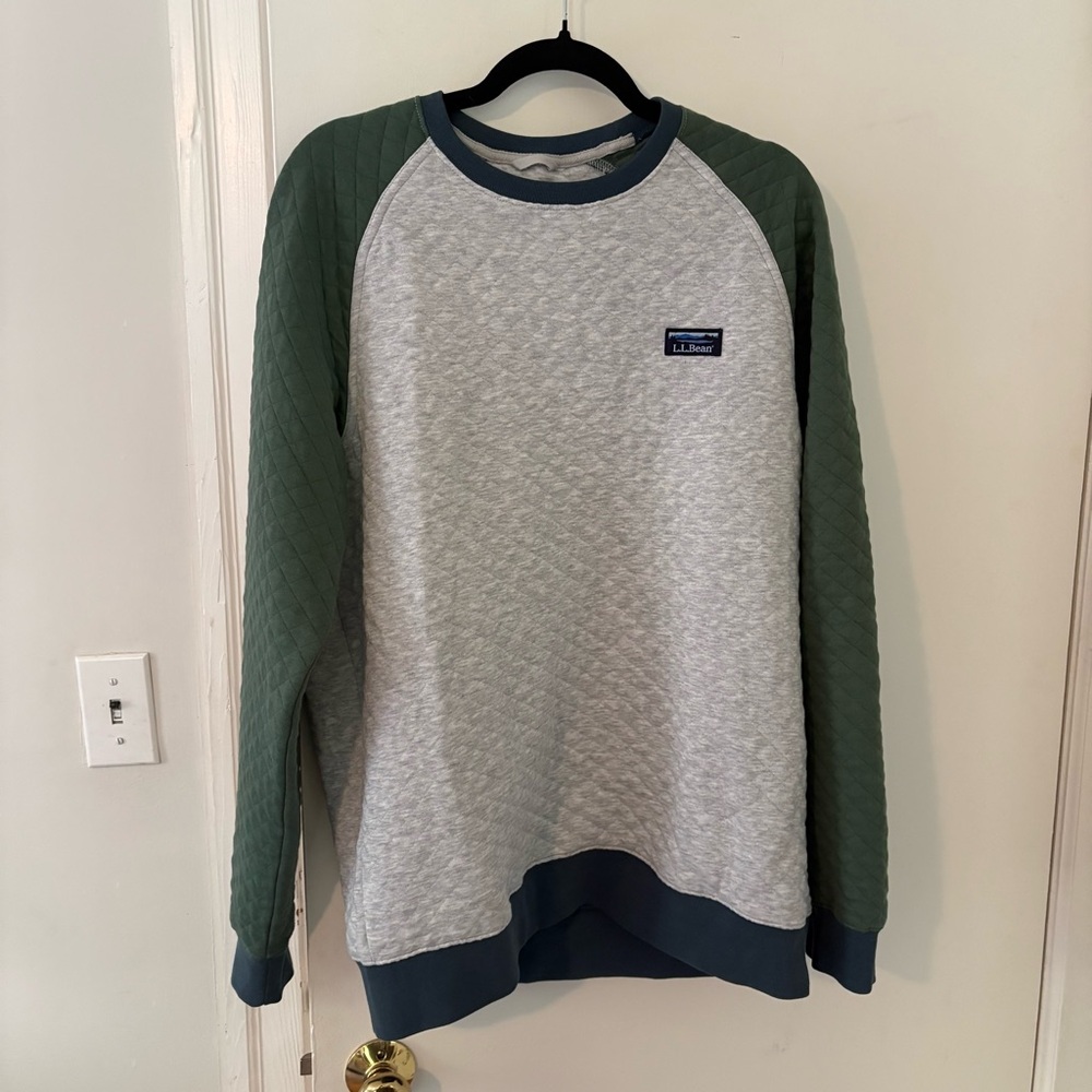 LL Bean Heather Grey, Navy and Green Crewneck Quilted Sweater